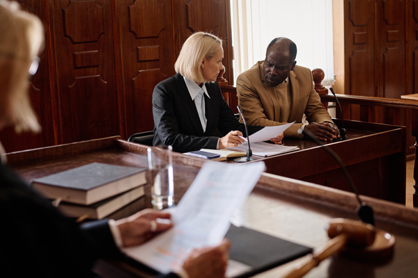Client et avocat au tribunal des affaires familiales devant le JAF