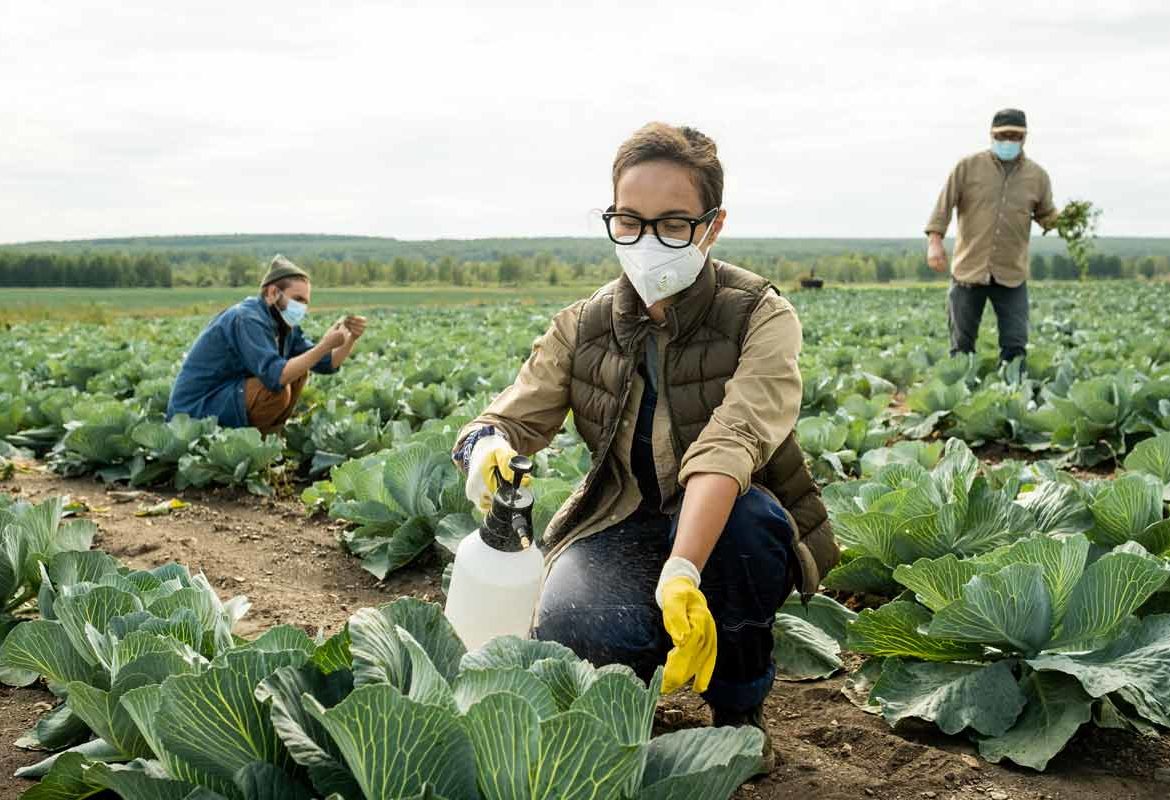 Femme dans un champ agricole en train de répandre des pesticides